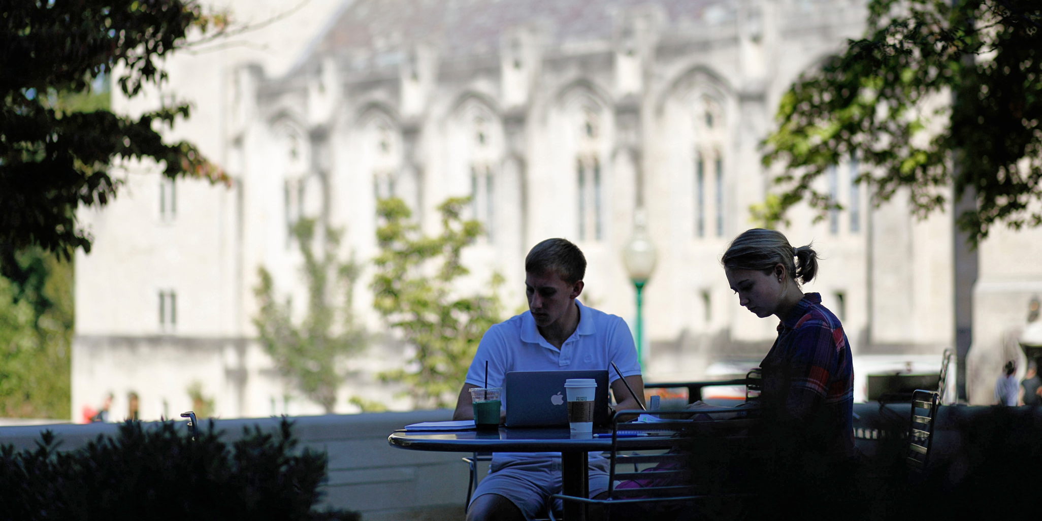 Students study outdoors on a sunny spring day.