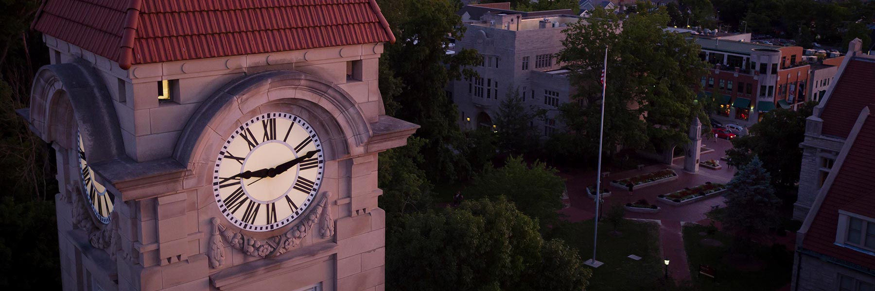 Aerial view of the Student Building clock tower